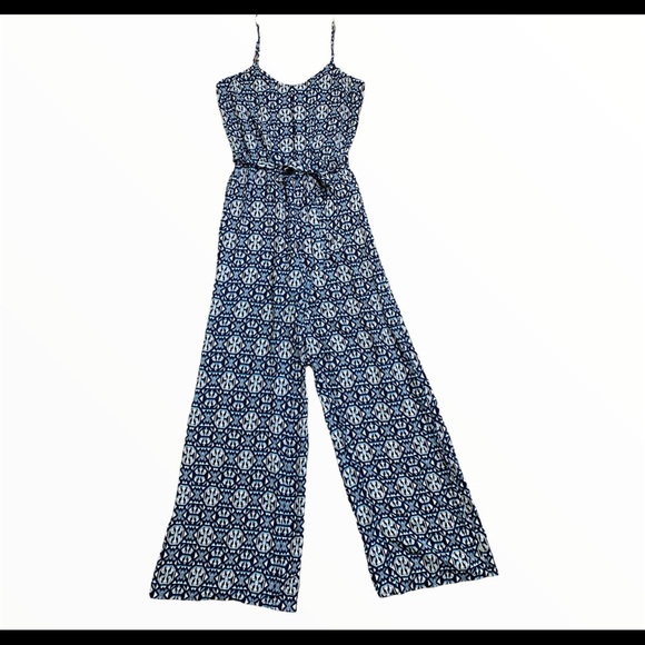 F21 Contemporary Geo Print Wide-Leg Jumpsuit With Tie Waist Blue Size Small - Picture 5 of 11